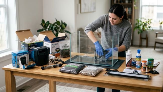 Beginner setting up a fish tank with equipment showing hidden costs of keeping fish