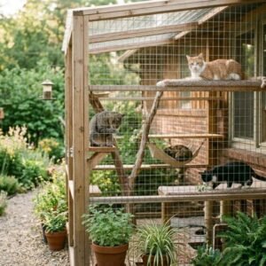 Domestic cats enjoying fresh air and wildlife views from inside a safe outdoor cat enclosure or catio, providing stimulation without the risks of free-roaming.