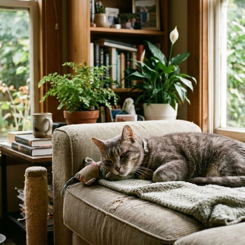 A healthy senior cat resting indoors and a veterinary health checklist illustrating the longer life expectancy of indoor cats compared to outdoor cats.