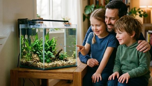 Young child learning to care for fish as a first pet in a small, colorful aquarium under adult supervision
