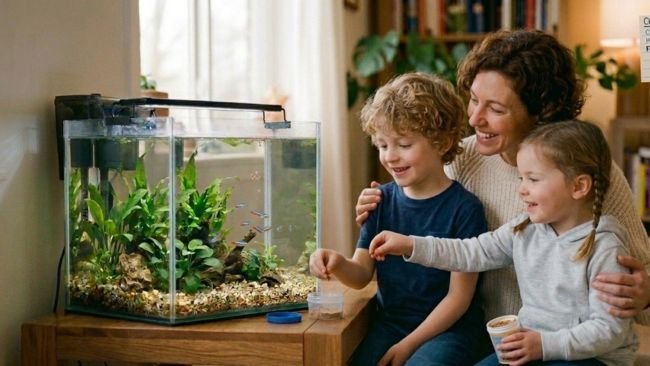 Children feeding colorful guppies and mollies in a home aquarium teaching responsibility