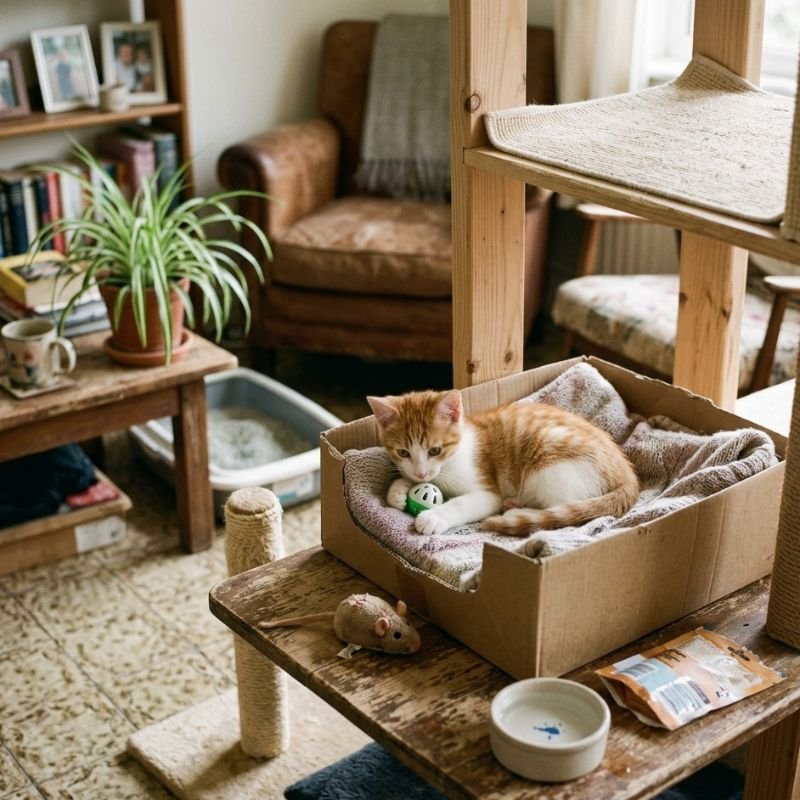 A cozy and safe home setup for a new cat featuring litter box, scratching post, cat bed and interactive toys for first-time owners