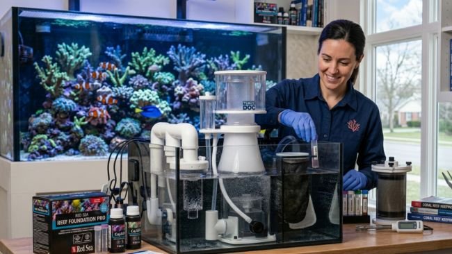 Aquarium owner maintaining a saltwater fish tank with advanced filtration and testing equipment