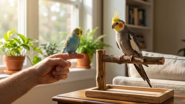 Small Budgie perched on a finger next to a medium Cockatiel on a wooden perch, illustrating size differences between common birds as pets in a sunlit living room.