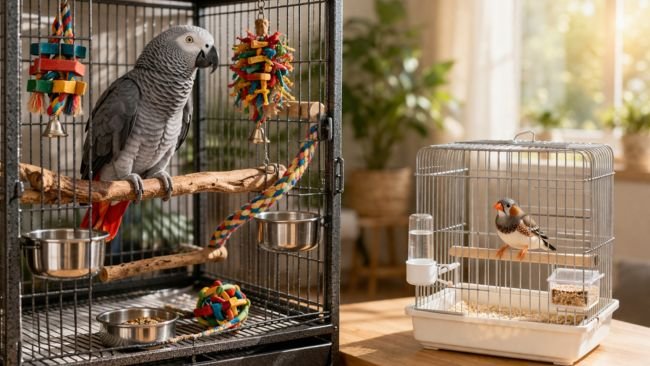 Large Parrot in a spacious indoor cage and a small Finch in a smaller cage, illustrating care and habitat differences for birds as pets.