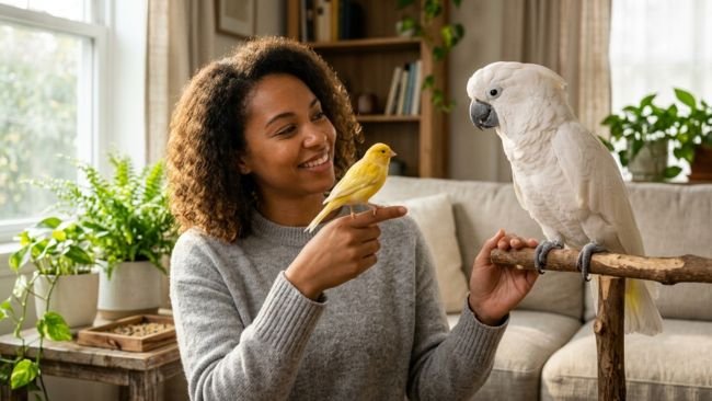 Owner interacting with a small Canary while a larger Cockatoo observes nearby, showing how different birds as pets fit various home lifestyles.