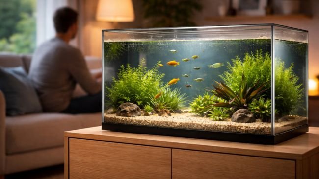 A simple and well-maintained beginner aquarium setup with healthy fish in a calm home environment