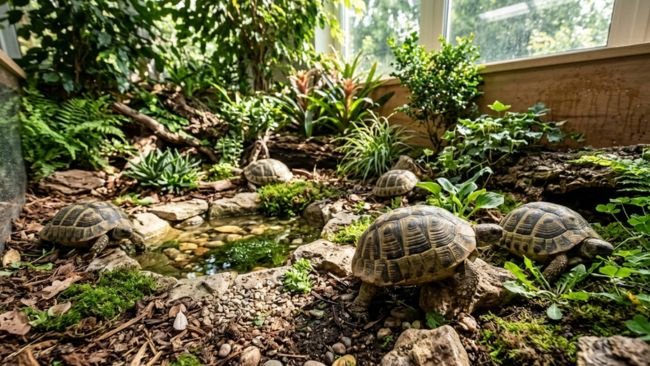 A variety of pet tortoises in a sunlit enclosure with rocks, plants and shallow water areas.