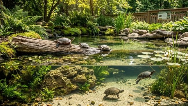 A variety of pet turtles swimming and resting on rocks and logs in a clear and natural aquatic habitat with greenery