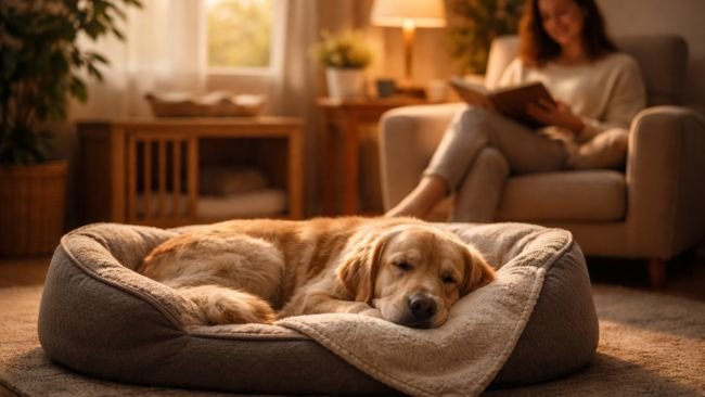 new dog resting calmly at home on first day in a prepared safe space