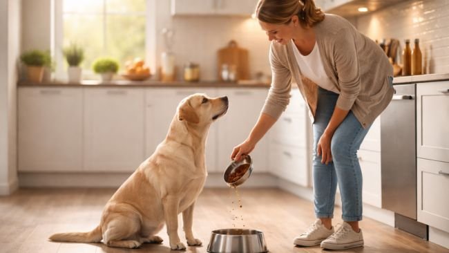 Owner feeding dog in the morning as part of a daily dog care routine and structured dog feeding schedule.