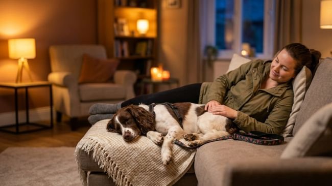 Dog resting calmly in the evening after following a structured daily dog routine.