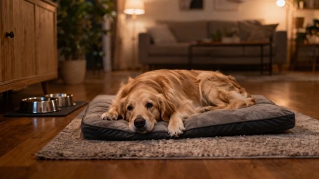 A calm dog resting in a home environment, showing how a consistent routine helps avoid first time dog owner mistakes