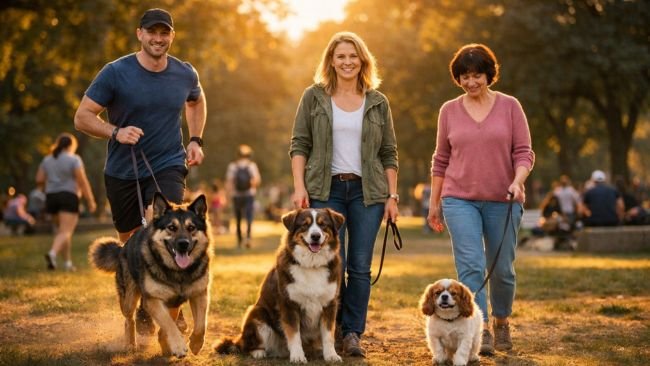 Different dogs showing varying dog exercise and care time needs in a park setting.