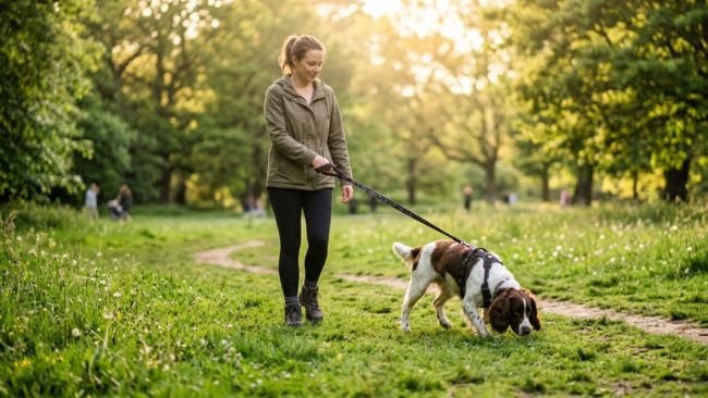 Dog enjoying a structured daily exercise routine with a walk in the park as part of its dog walking schedule.