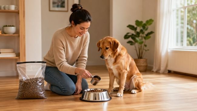 pet owner measuring correct dog food portion for balanced daily feeding routine