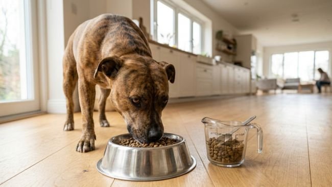 A dog eating from a measured portion in a stainless steel bowl, highlighting feeding mistakes first time dog owners should avoid