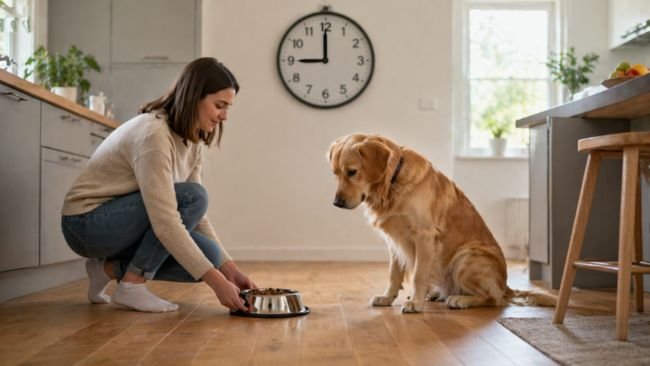 dog being fed at a consistent time showing structured feeding schedule