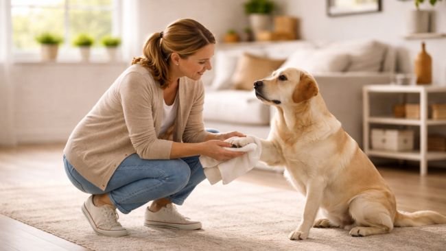 Owner cleaning dog’s paw as part of daily dog hygiene routine at home.