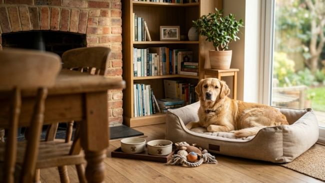 Well prepared home environment with dog bed, toys and feeding area for a comfortable pet living space