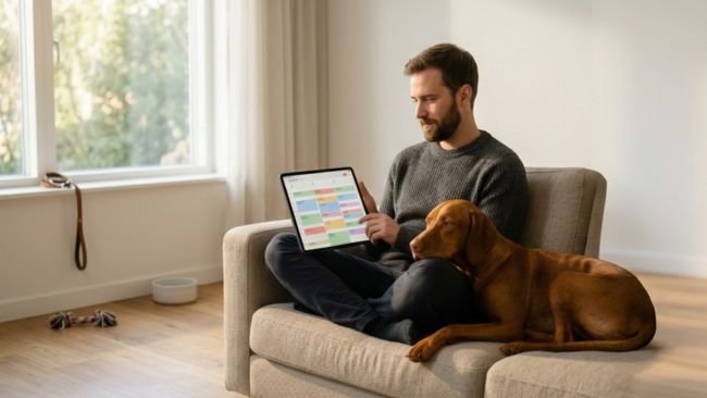 Person planning daily routine with a dog, showing real dog daily time commitment and lifestyle change.