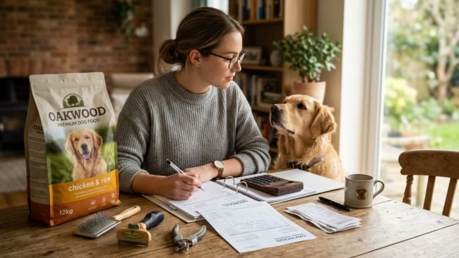 Dog owner reviewing expenses including food, vet bills, and grooming tools to understand the cost of dog ownership