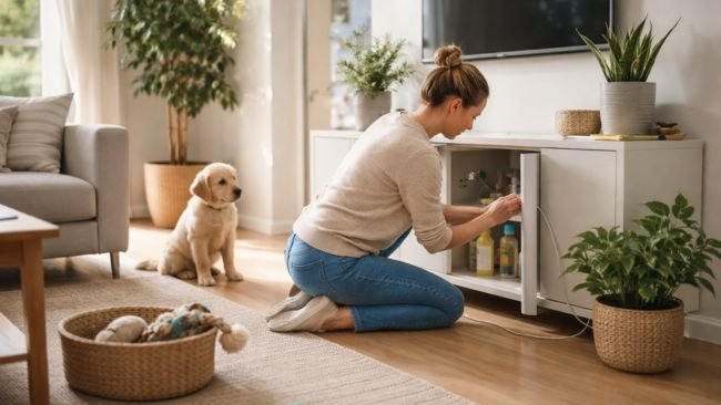 dog owner securing home hazards while preparing house for new puppy safety