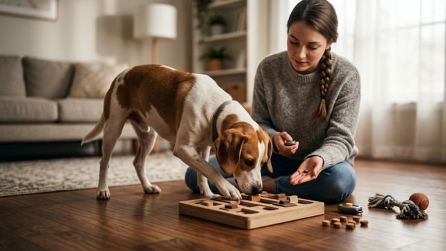 Dog solving puzzle toy showing mental stimulation as part of daily dog care routine requirements.