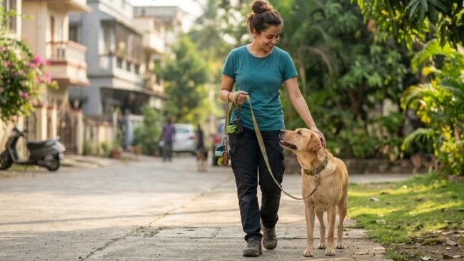 Dog owner walking their pet outdoors as part of daily care routine involved in responsible dog ownership.