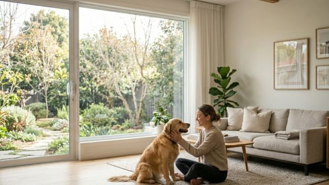 A dog sitting with its owner in a cozy home environment, showing companionship and emotional bonding typical of dogs as pets.