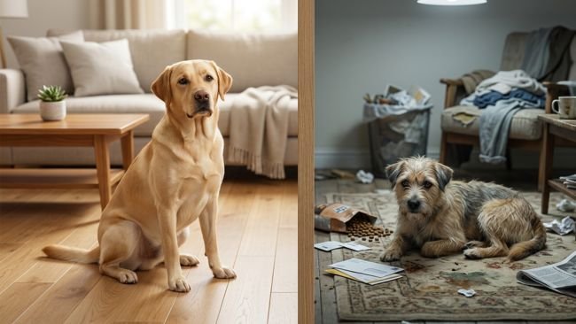 Comparison showing a well-cared-for dog versus a neglected dog to highlight the impact of responsible pet ownership.