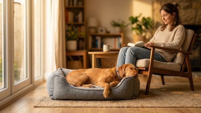 calm first day after setting up must-have supplies for a new dog owner in a peaceful home environment.