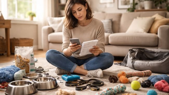 new dog owner reviewing must have supplies checklist while surrounded by pet items at home