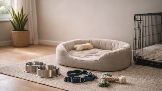 essential supplies setup for new dog including bed bowls leash and crate