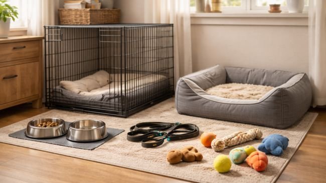 complete home setup showing must-have supplies for a new dog owner including crate bed leash and toys