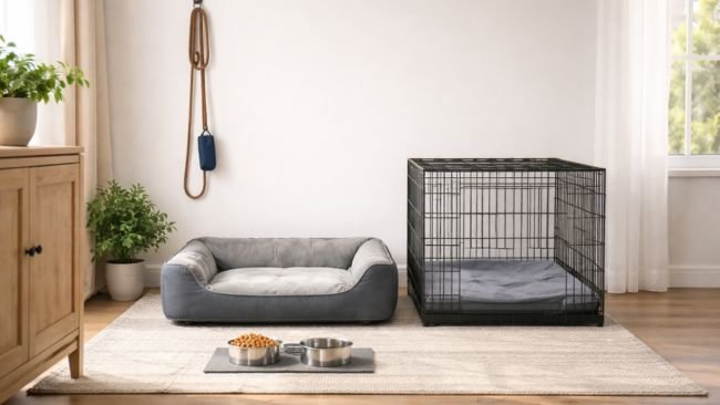 A well-prepared home setup for a new dog including bed, crate, bowls and leash helping avoid common first time dog owner mistakes