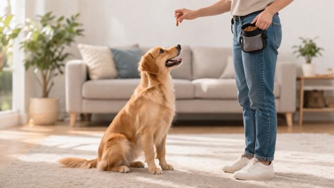 A dog being trained with positive reinforcement using treats, demonstrating how to avoid common dog training mistakes