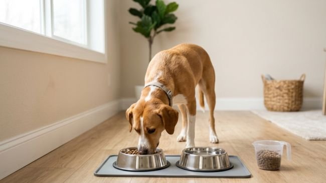 proper feeding setup showing essential dog supplies for a new dog owner including bowls and food placement