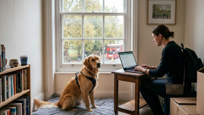 A dog sitting inside a small apartment, representing the challenges and considerations of owning a dog in limited living spaces.