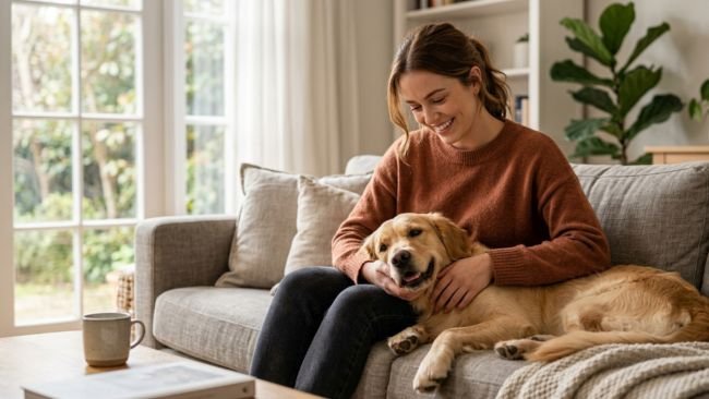 A person relaxing with their dog at home, showing the emotional benefits and companionship involved in owning a dog.