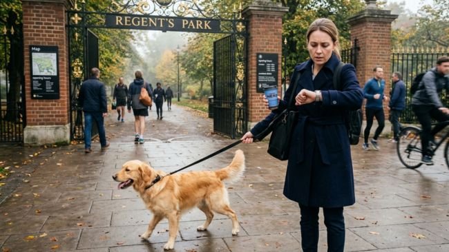 A busy individual managing time while taking their dog for a walk, highlighting the time commitment required in dog ownership.