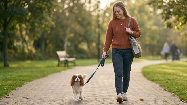A person walking a medium-sized dog in a park, demonstrating the daily time commitment and routine considerations before deciding to get a dog.