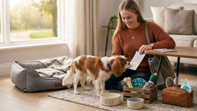 A small dog exploring a living room with neatly arranged dog supplies, illustrating home preparation and essential items before getting a dog.