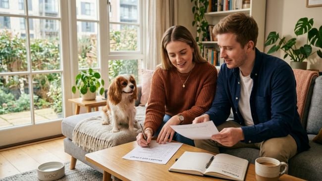 A couple reviewing a checklist at home with a small dog nearby, evaluating their lifestyle before deciding to get a dog.