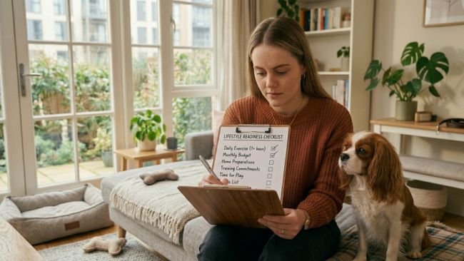 A person completing a dog readiness self-assessment checklist at home with a medium-sized dog nearby, evaluating preparedness for dog ownership.