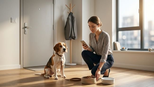 Busy dog owner managing morning routine showing how to balance dog care with work schedule.
