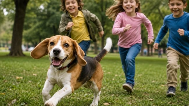 Beagle playing energetically with children in a park showing friendly and playful behavior.