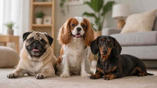 Small apartment dogs resting calmly in a modern apartment living room, showing how apartment dogs adapt well to small spaces