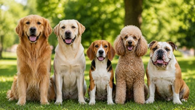 best family dog breeds for kids including labrador golden retriever beagle and poodle in outdoor setting