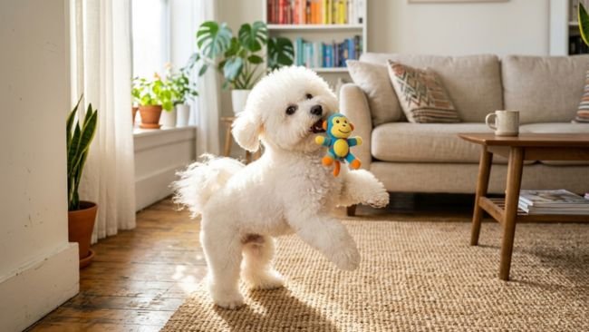 Bichon Frise playing indoors in apartment showing cheerful and social behavior